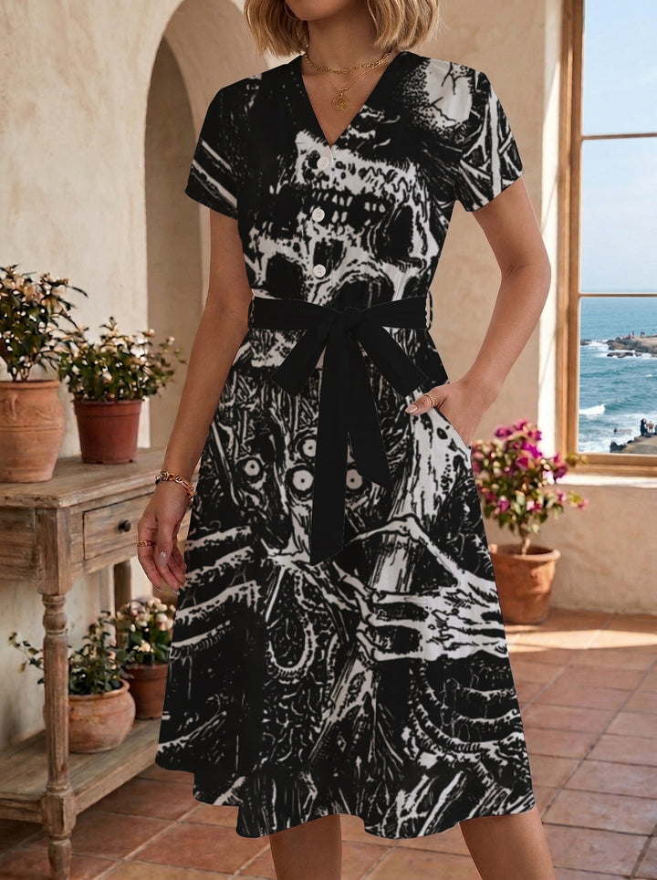 Women's Blooming Midi Dress with Adjustable Belt and Artistic Print Lisslune