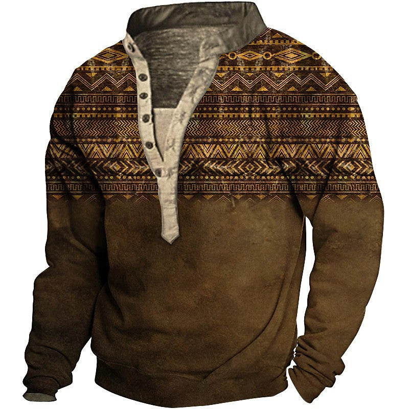 Men's fleece pullover with unique ethnic pattern and practical button details Lisslune