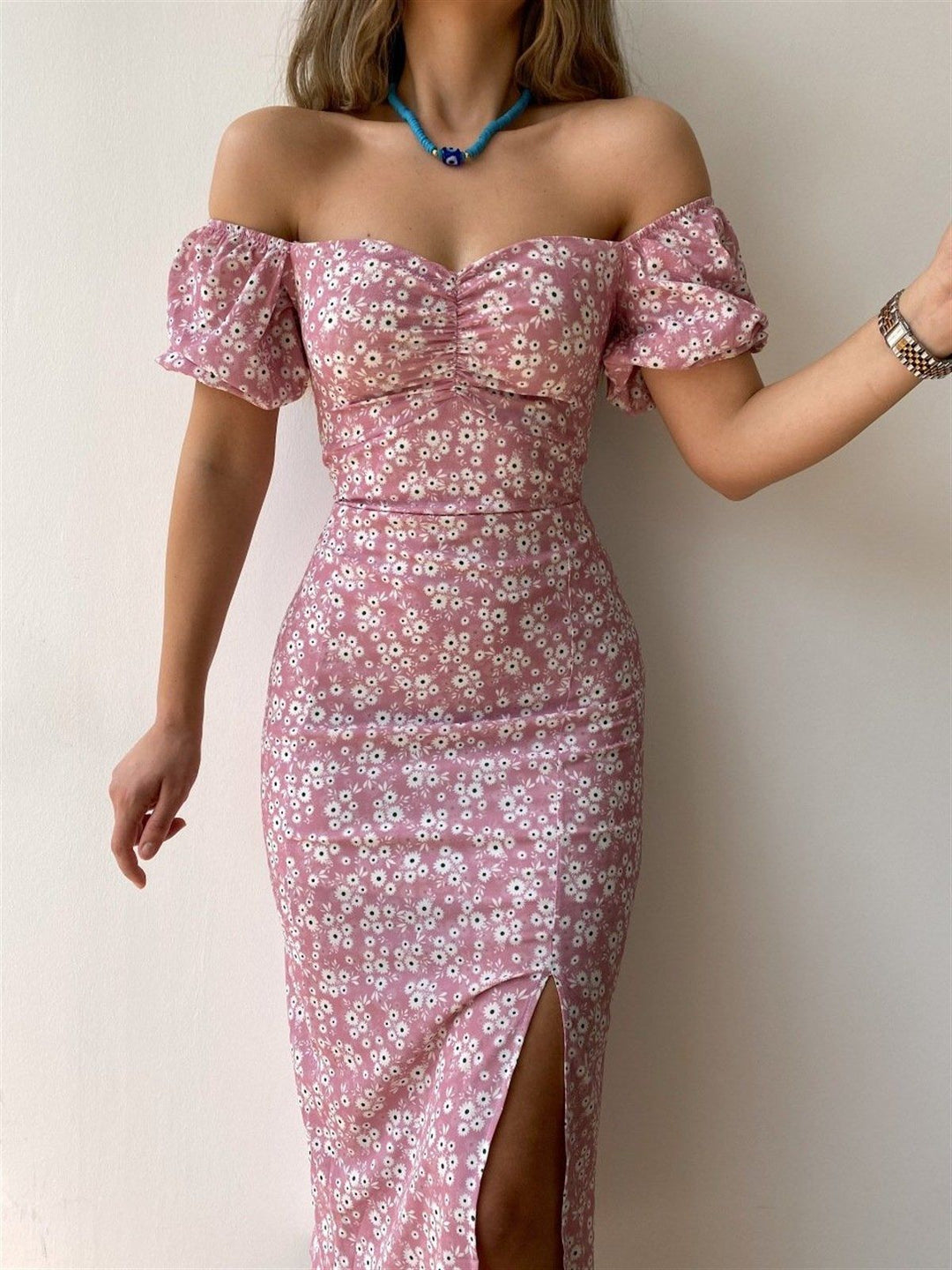 Women's Figure-Hugging Maxi Dress with Floral Pattern and Off-Shoulder Design Lisslune
