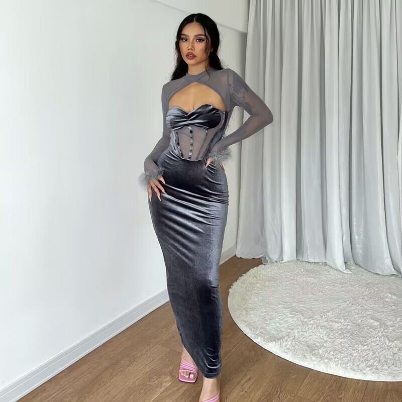 Women’s maxi dress with innovative corset top and transparent sleeves Lisslune