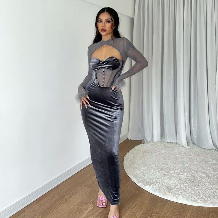 Women’s maxi dress with innovative corset top and transparent sleeves Lisslune