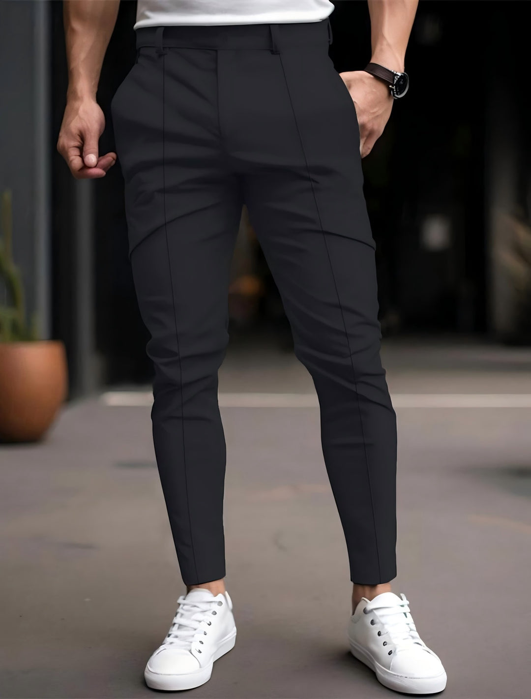 Men's stylish slim-fit chinos with elastic waistband and versatile pockets Lisslune