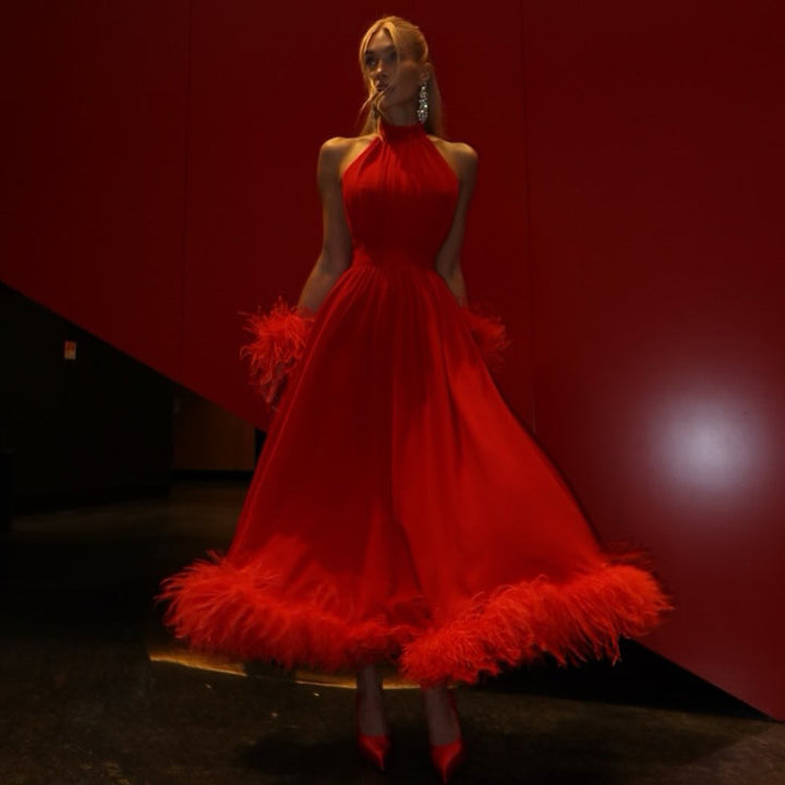 Ladies maxi dress with elegant feathers and high-neck design
