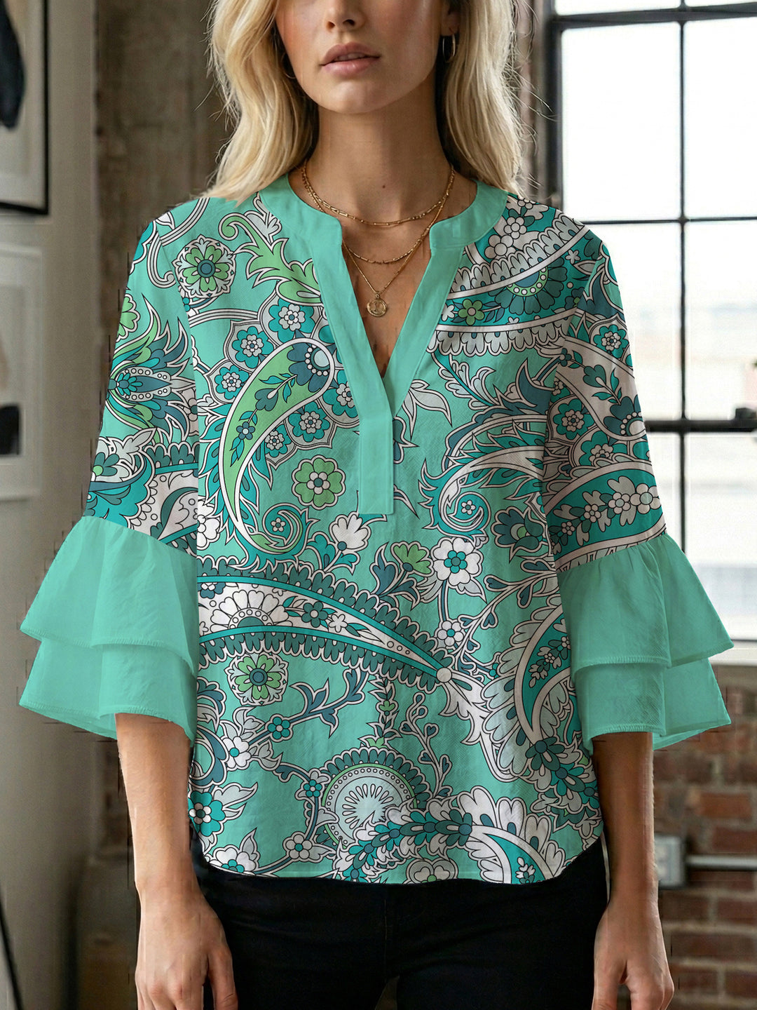 Ladies elegant blouse shirt with voluminous puff sleeves and graphic floral design Lisslune