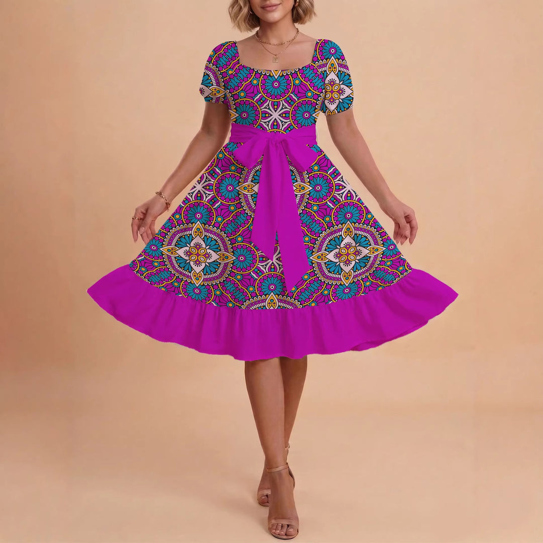 Women's elegant maxi dress with floral design and waist belt Lisslune