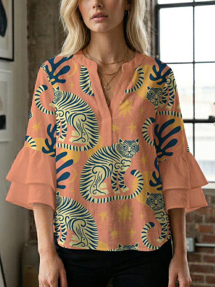 Ladies elegant blouse shirt with voluminous puff sleeves and graphic floral design Lisslune