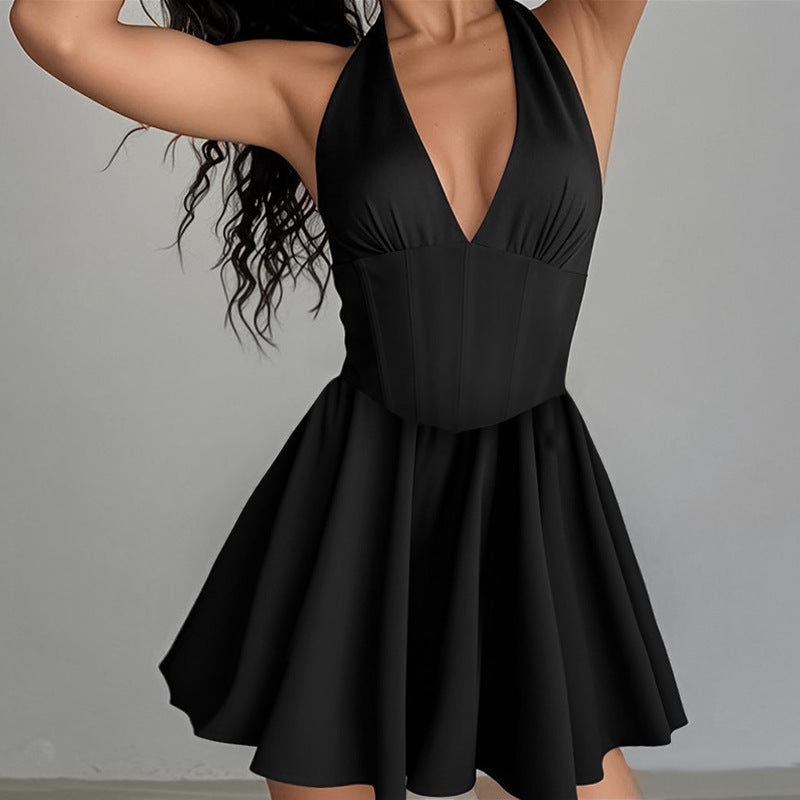 Ladies Playful Cocktail Dress with Deep V-Neck and Flowing Skirt Lune London