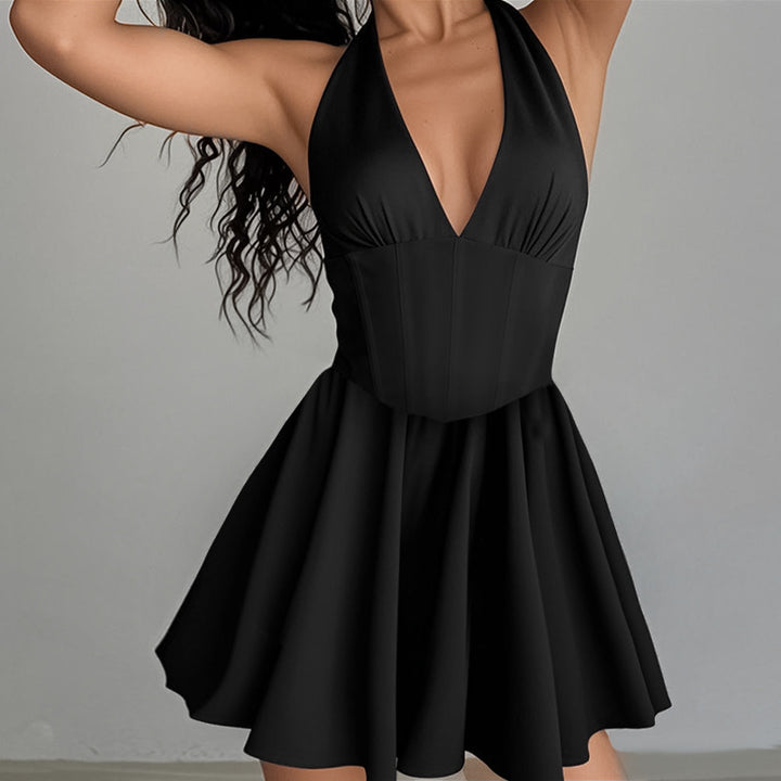Ladies Playful Cocktail Dress with Deep V-Neck and Flowing Skirt Lune London
