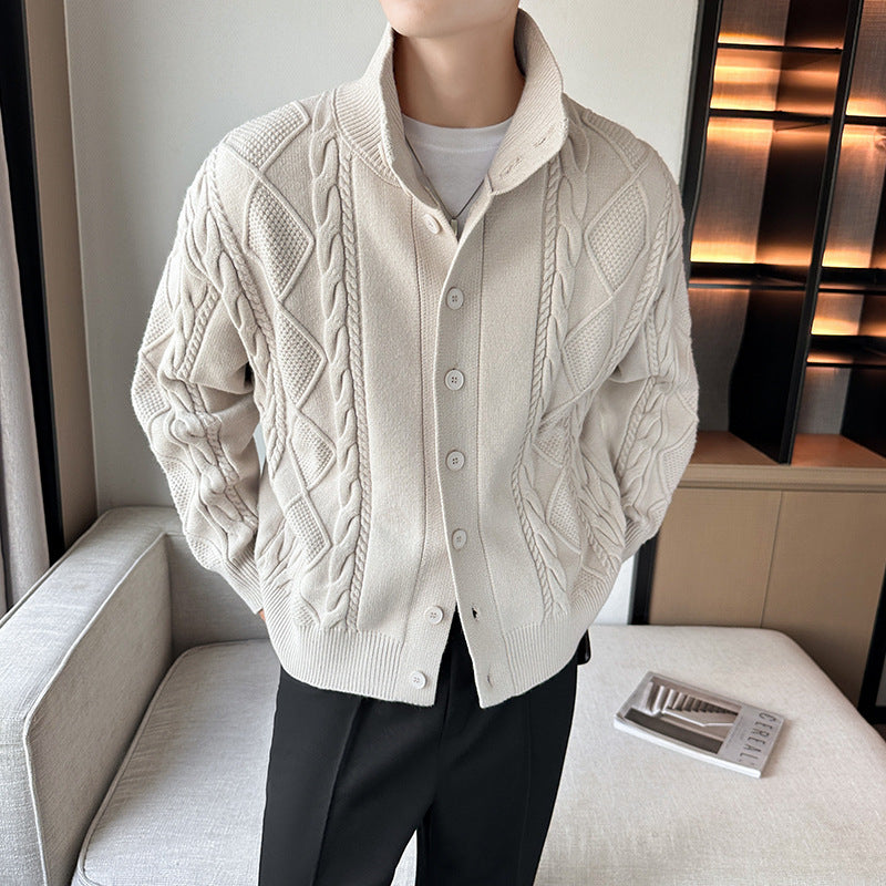 Men's chunky knit sweater with modern stand-up collar and button placket Lisslune