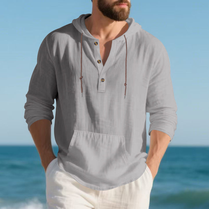 Men's casual hooded top with button placket and practical kangaroo pocket Lisslune
