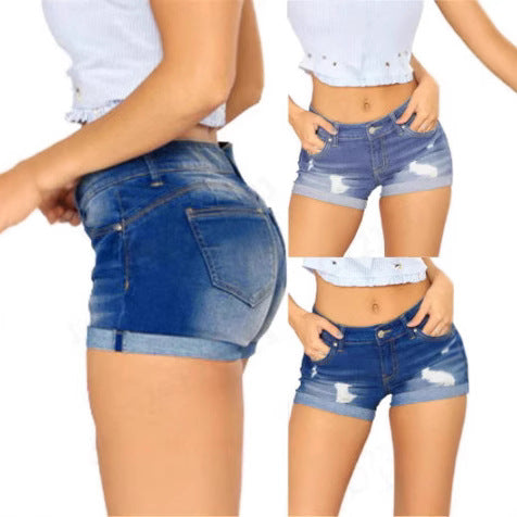 Women Casual Destroyed Jeans Shorts with Turned-Up Hem Lisslune