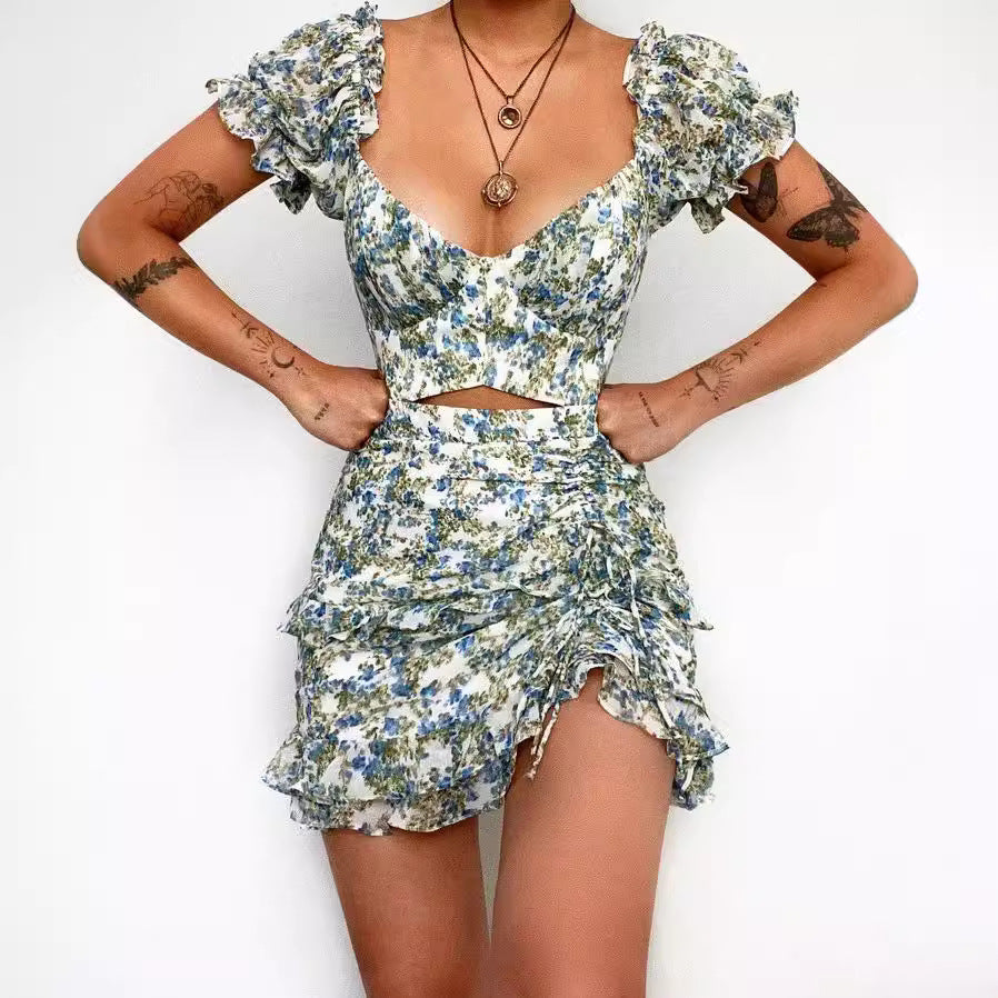 Ladies mini dress with off-the-shoulder design and floral ruffled hem Lune London