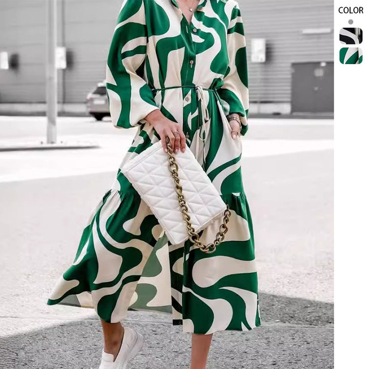 Women's Long Sleeve Shirt Dress with Fashionable Pattern and Waist Belt Lisslune