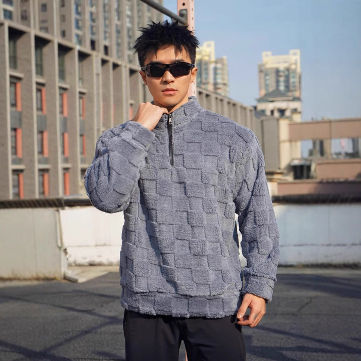 Men's fleece pullover with textured surface structure and standing collar Lisslune