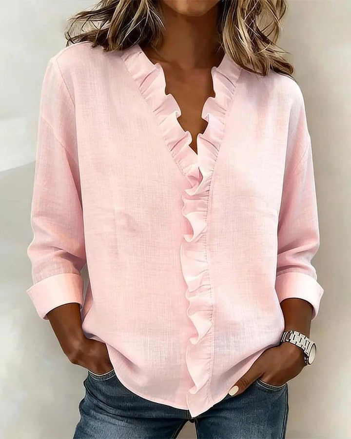 Women romantic blouse with ruffle details and V-neck Lisslune