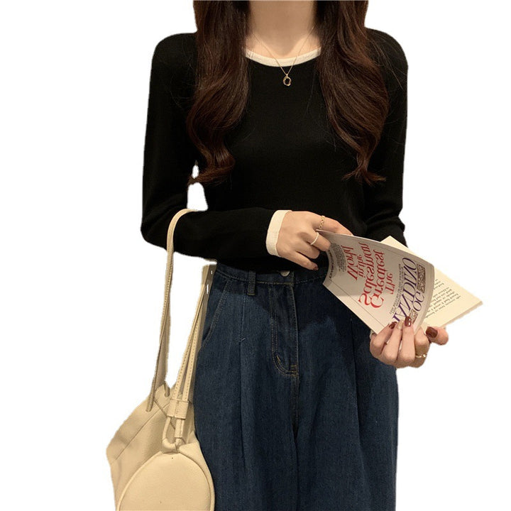 Women's long sleeve top with elegant contrasting collar and figure-flattering cut