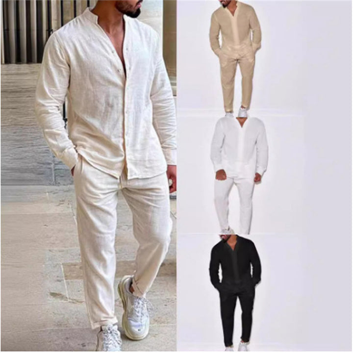 Men's casual linen outfit with button placket and elastic waistband Lisslune