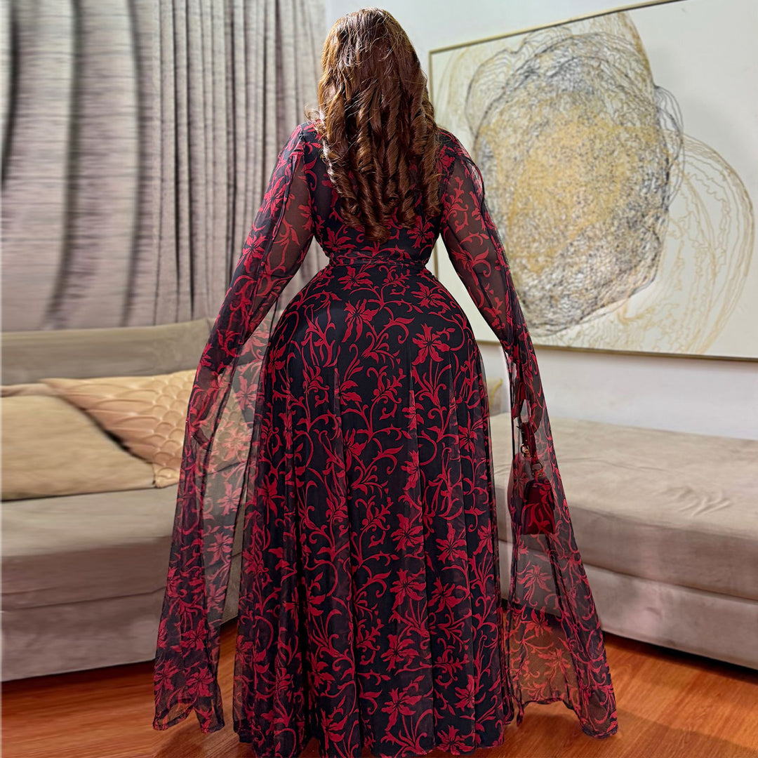 Women's maxi dress with floral transparent design and elegant sleeves Lisslune