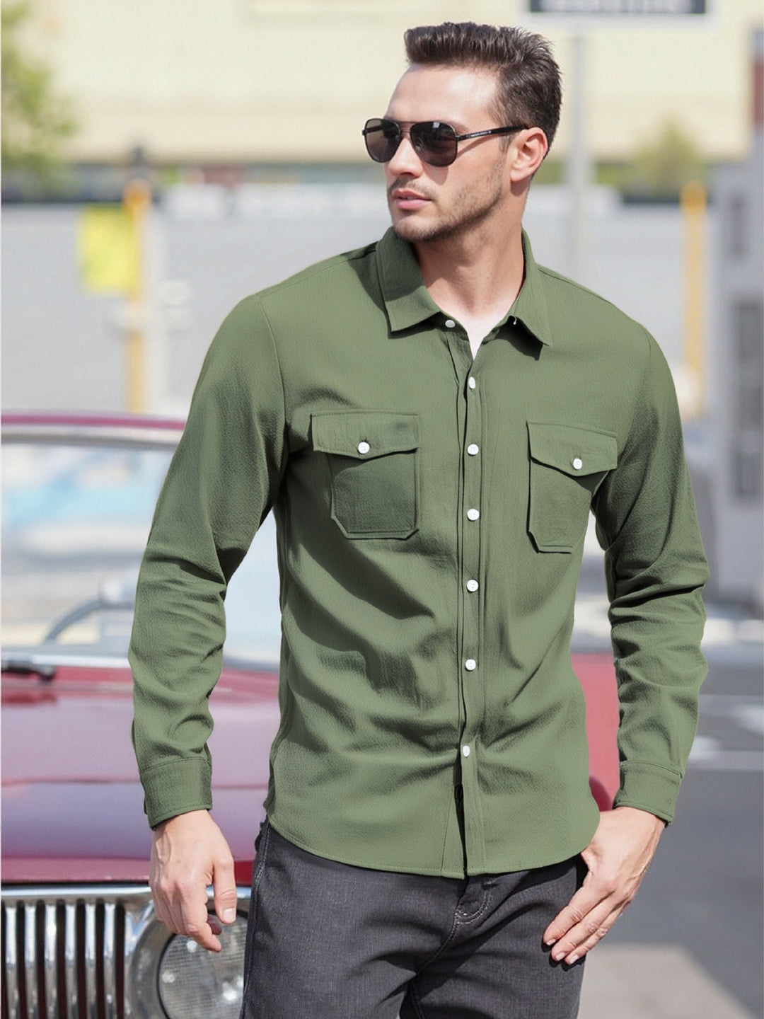 Men's Casual Long Sleeve Shirt with Practical Chest Pockets and Modern Cut Lisslune