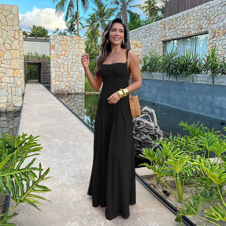 Women Elegant Maxi Dress with Slim Spaghetti Straps and Flowing Cut Lune London