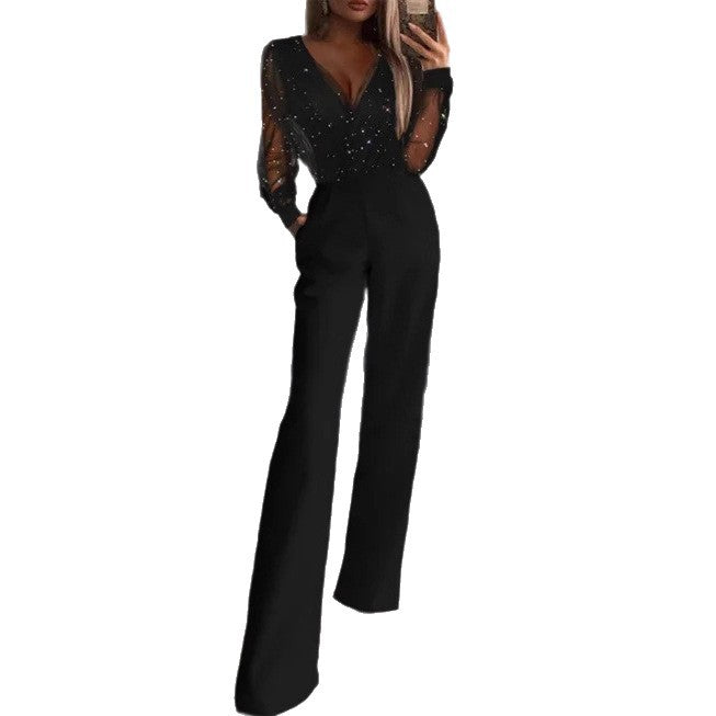 Women Elegant Jumpsuit with Transparent Blouse and Shimmering Accents Lisslune