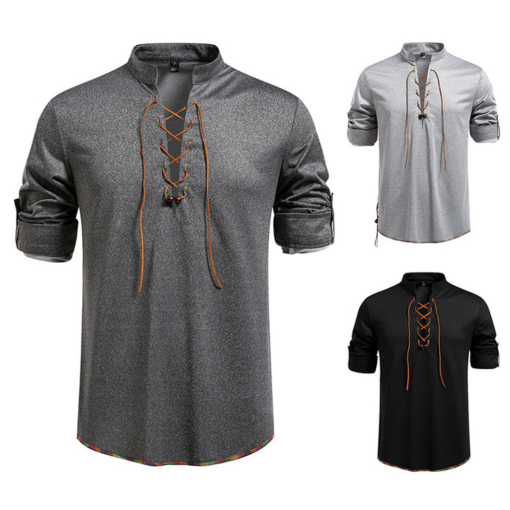 Men's Long Sleeve Shirt with Drawstring and Stand-Up Collar Lisslune