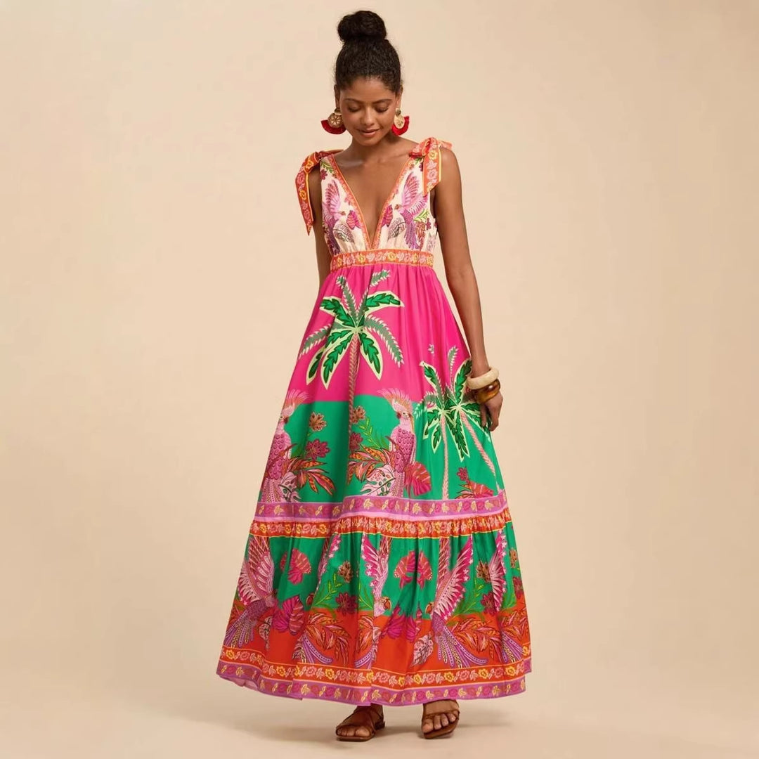 Women's maxi dress with deep V-neckline and playful lacing details Lune London