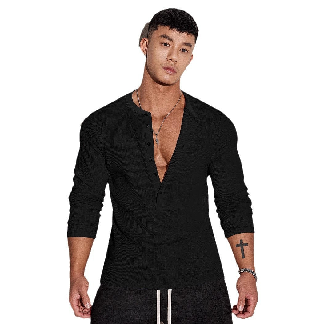 Men's Long Sleeve Henley Shirt with Textured Design Lisslune