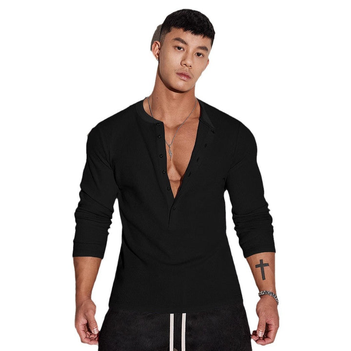 Men's Long Sleeve Henley Shirt with Textured Design Lisslune