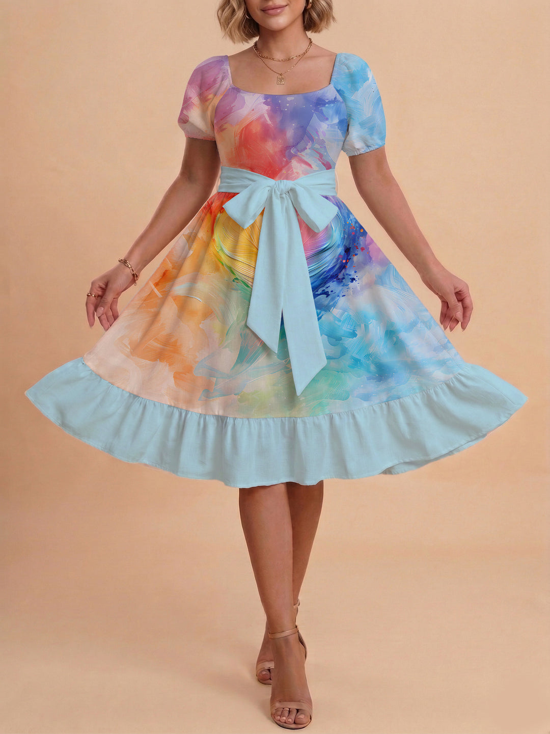 Women's Midi Dress with Elegant Floral Print and Fitted Belt Lisslune