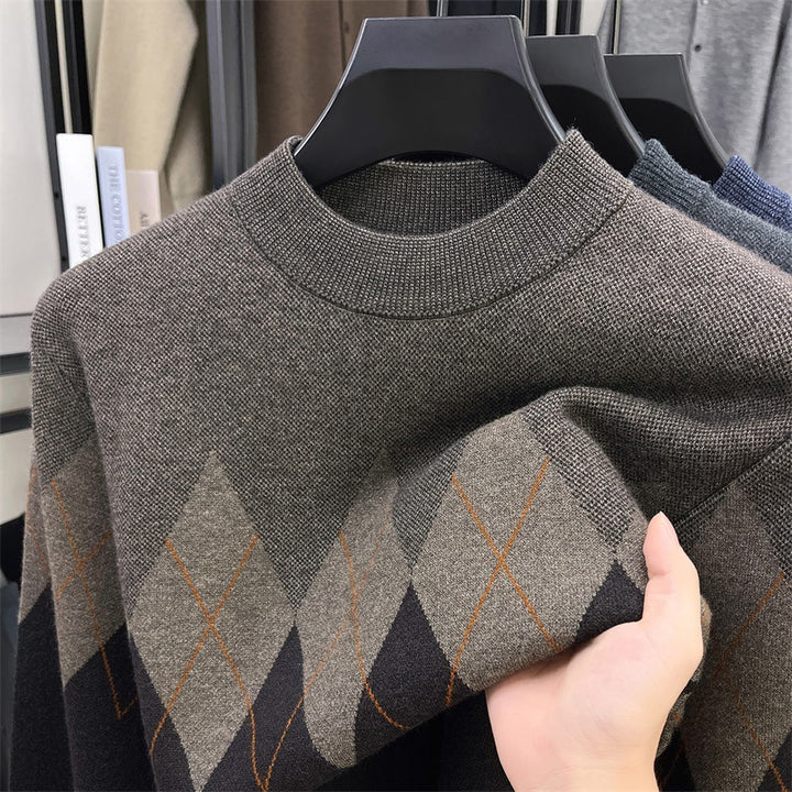 Men's Elegant Sweater with Modern Diamond Pattern and High Collar Lisslune
