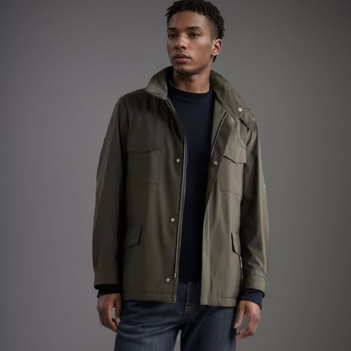 Men's practical transitional jacket with high collar and patch pockets Lisslune