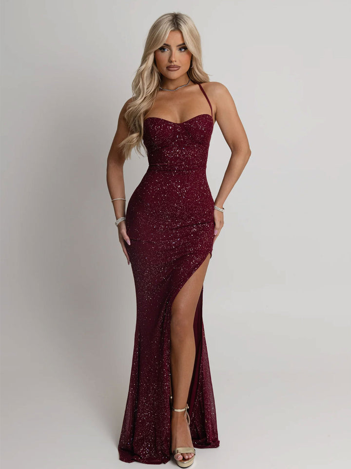 Women evening dress with shimmering sequin embellishment and seductive slit Lisslune