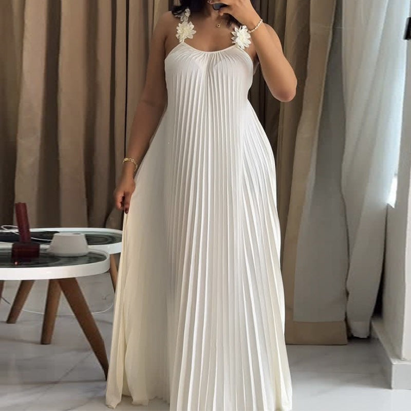 Damen Elegantes Maxikleid mit lässigem Faltenwurf und dekorativen Schulterblüten Lisslune
