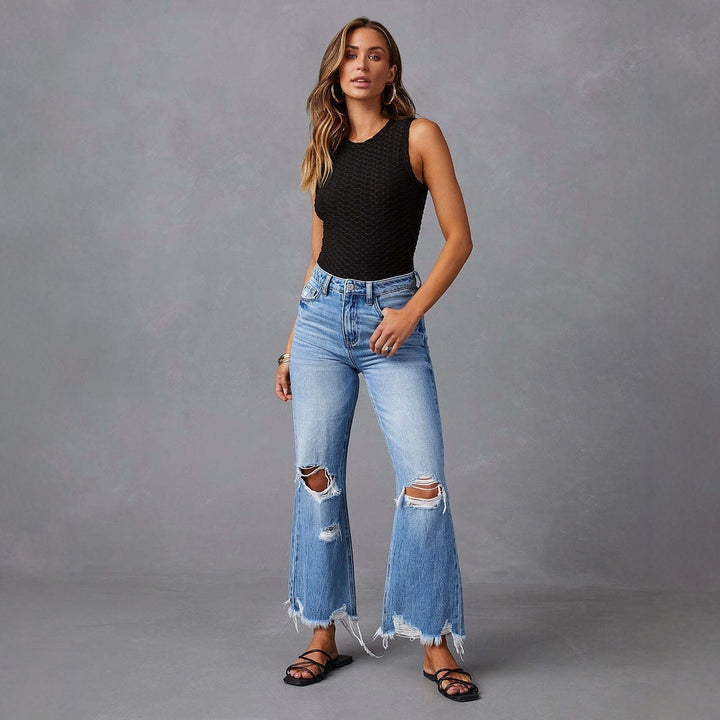 Women's Flared Jeans with stylish tear details and frayed hems Lisslune