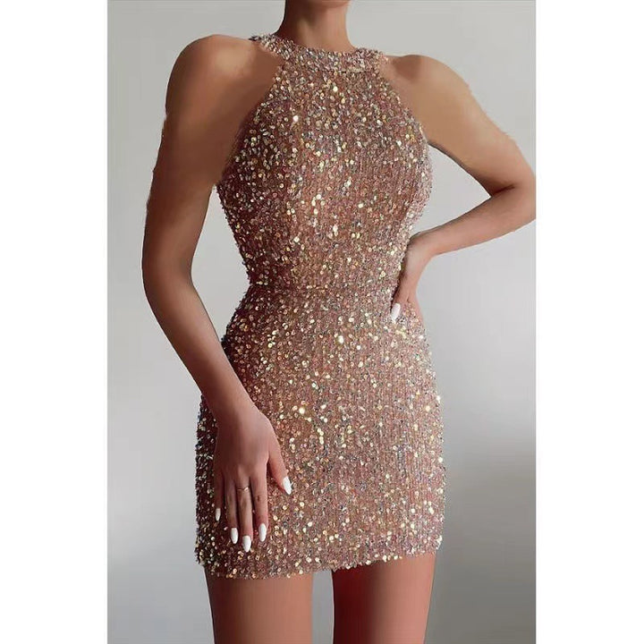 Ladies Glittering Mini Dress with Half Neckline and Bodycon Fit