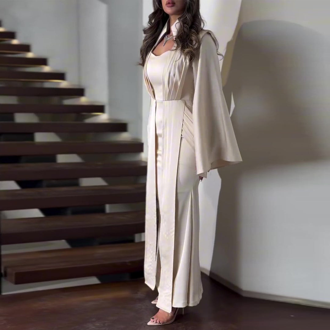 Ladies elegant maxi dress with chic waist cut and luxurious satin trim