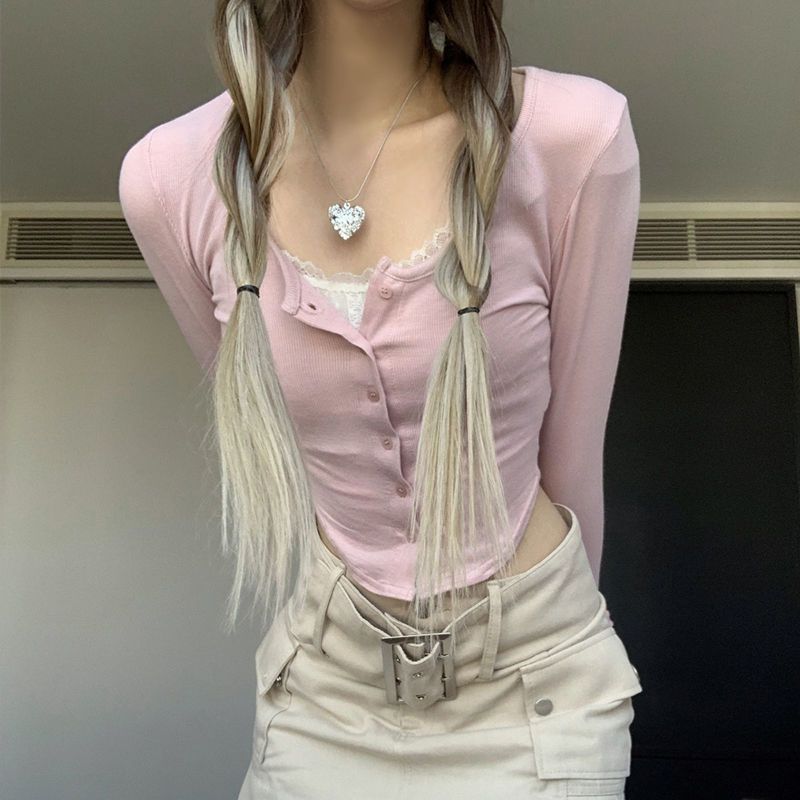 Women's Cropped Long Sleeve Shirt with Playful Button Placket Design and Refined Strap Details