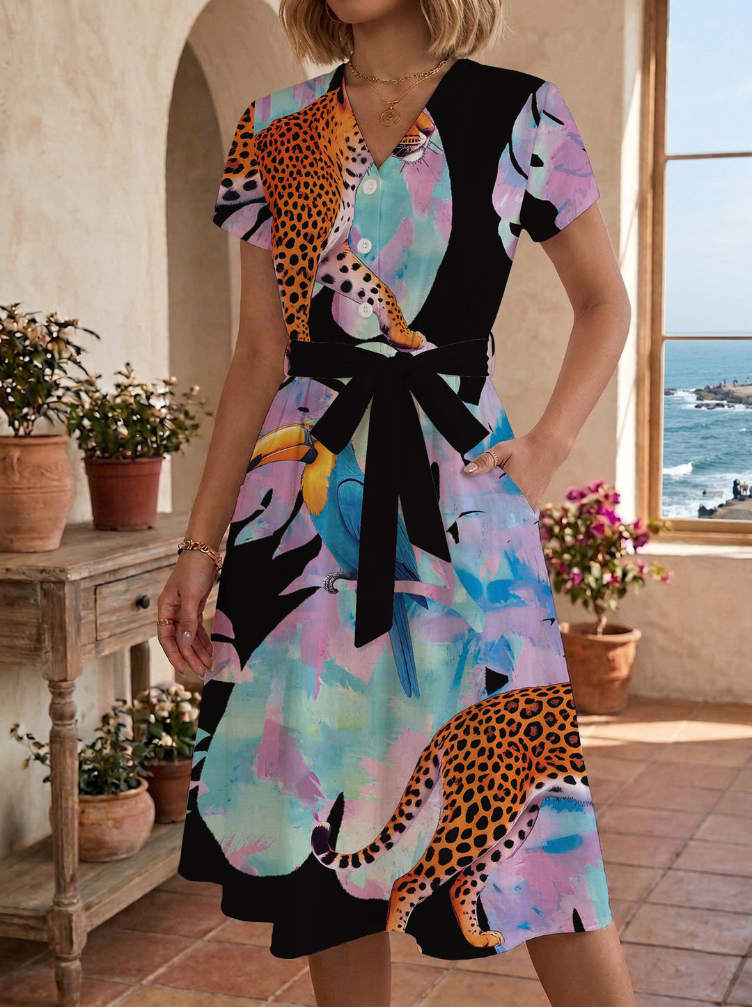 Women's Blooming Midi Dress with Adjustable Belt and Artistic Print Lisslune