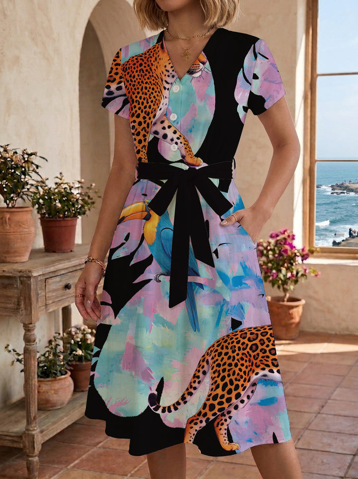 Women's Blooming Midi Dress with Adjustable Belt and Artistic Print Lisslune