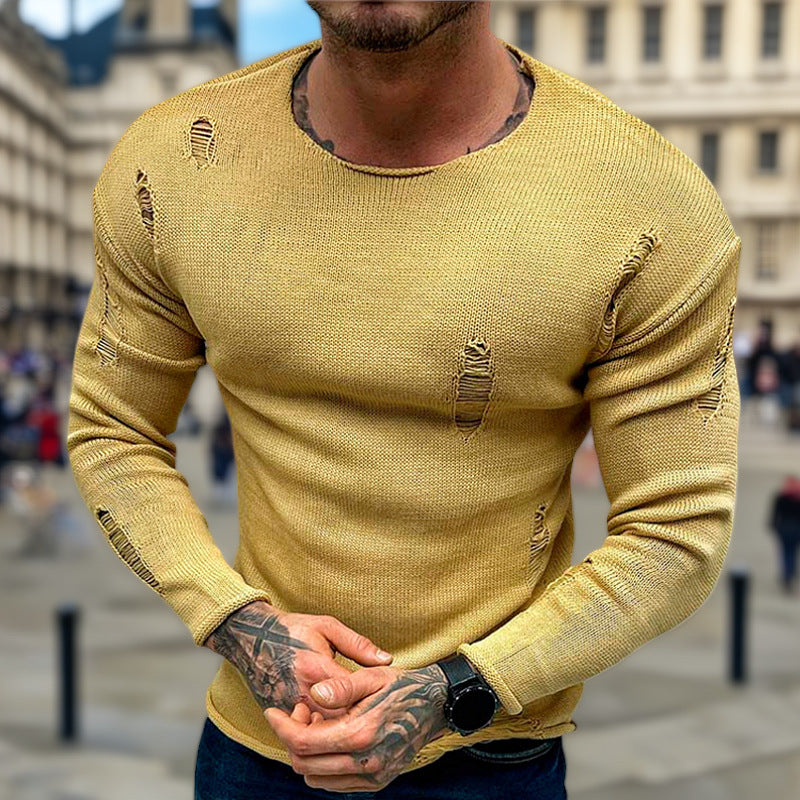 Men's Stylish Round Neck Sweater with Frayed Details Lisslune