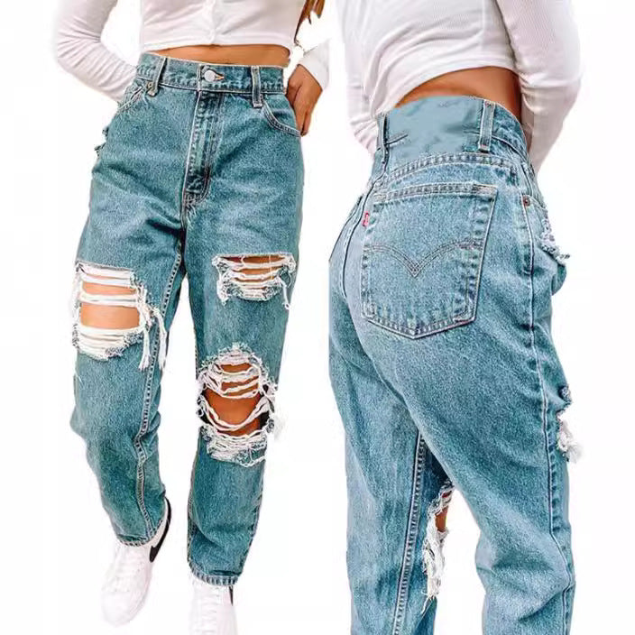 Damen Vintage High-Waist Destroyed Jeans mit fransigen Details Lisslune