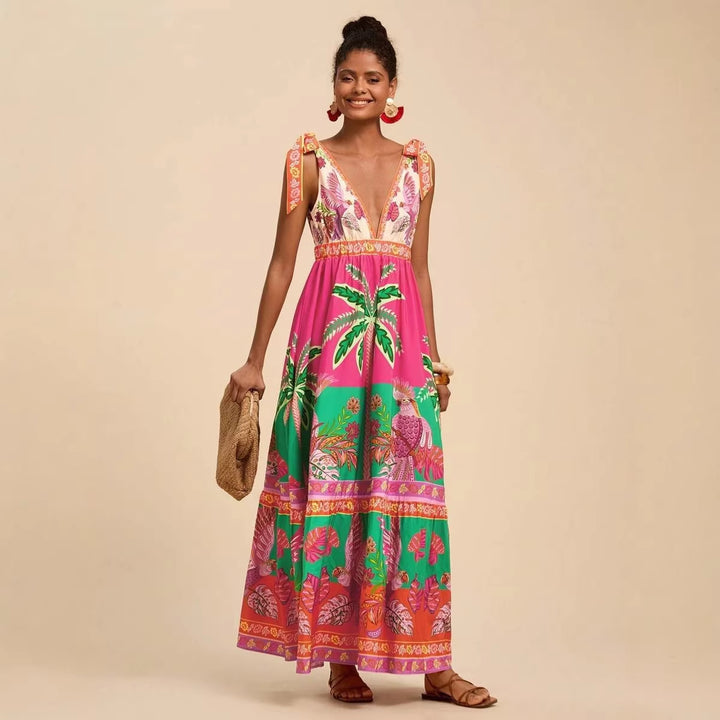 Women's maxi dress with deep V-neckline and playful lacing details Lune London