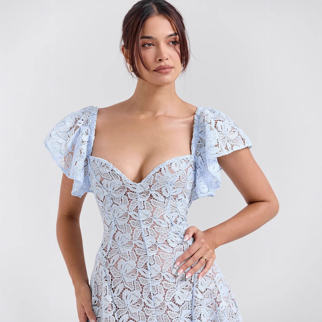 Women's Lace Dress with Voluminous Ruffle Sleeves and Flared Skirt