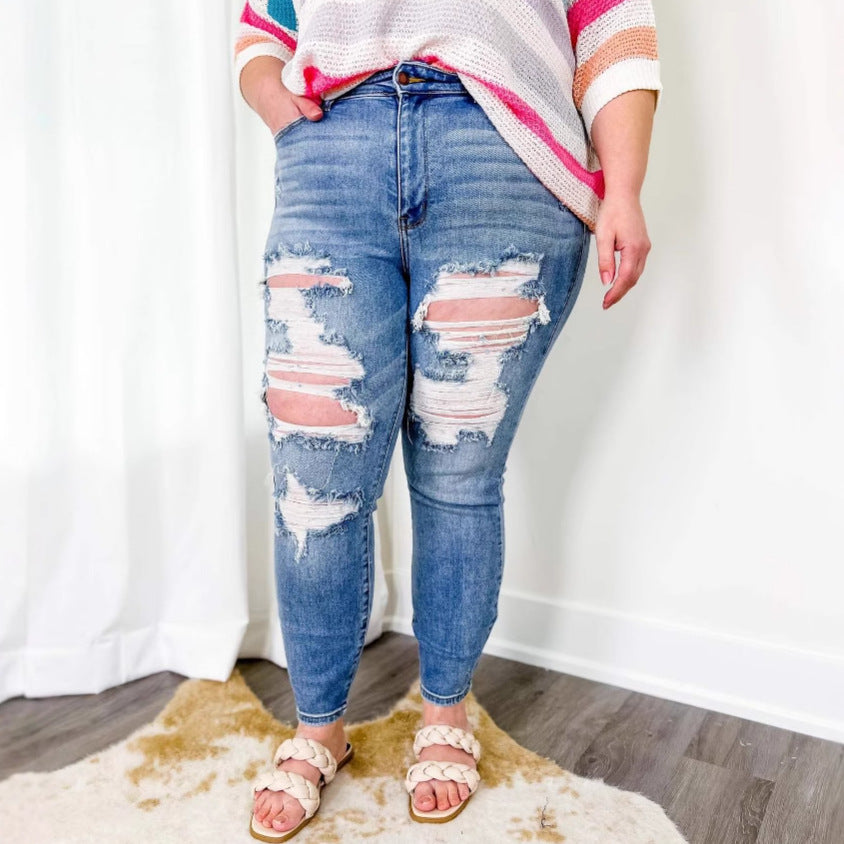 Women's skinny jeans with trendy destroyed look and elastic waistband Lisslune