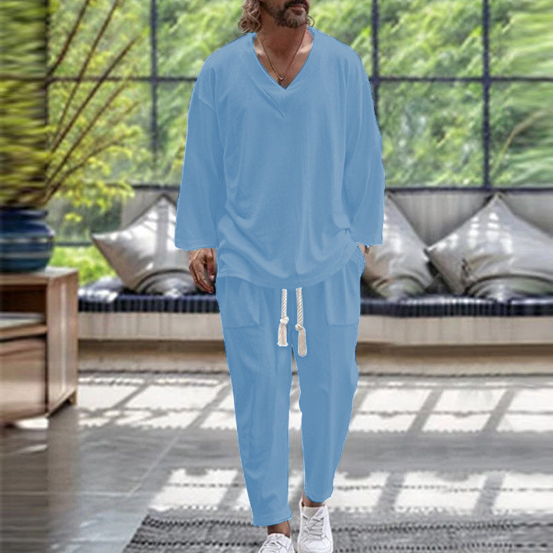 Men's Casual Lounge Set with V-Neck and Elastic Waistband Lisslune
