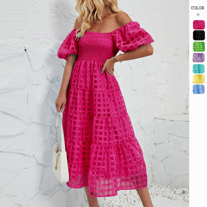 Women’s midi dress with puff sleeves and elastic waist belt Lisslune