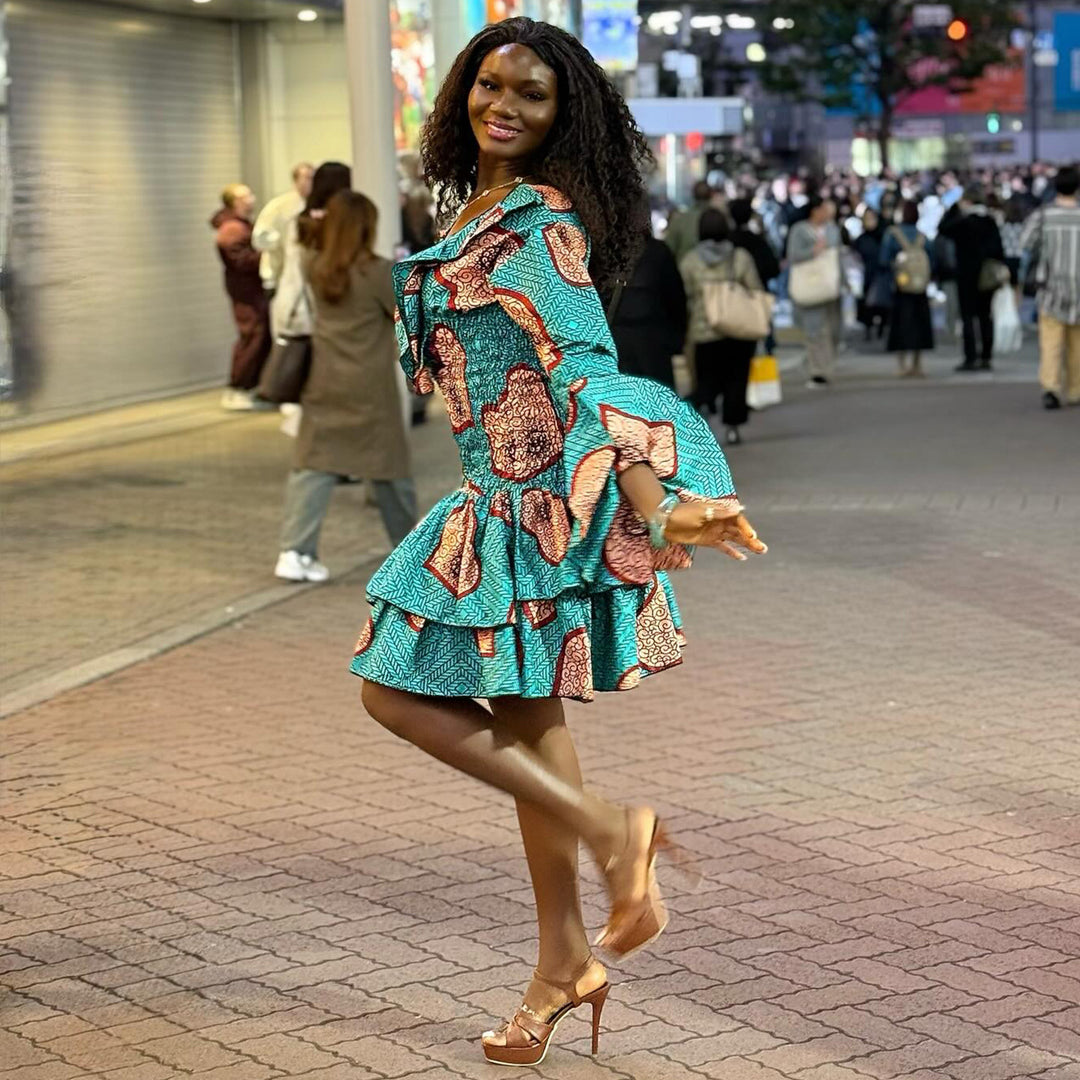 Ladies trendy mini dress with voluminous ruffle details and unique pattern Lisslune