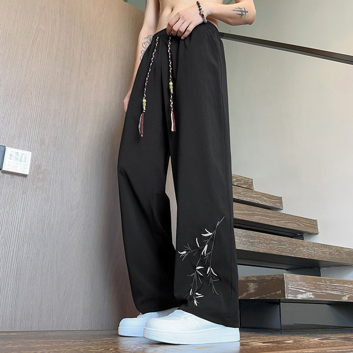 Men's Casual Wide-Leg Pants with Artistic Embroidery Design Lisslune