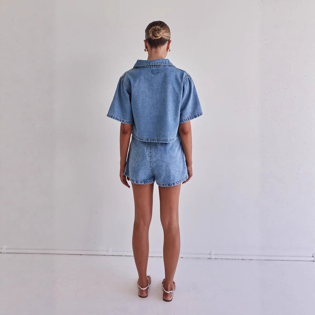 Women's denim short jacket with matching skirt in casual style Lisslune